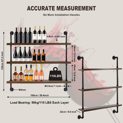 39.5-inch Modern Wall-Mounted Wine Rack with LED Lights, 3-Tier Liquor Bottle Bar Display Shelf, Industrial Wine Rack Floating Bar Shelf, Multifunctional Wine Storage Rack for Home Bar, Kitchen, Cafe