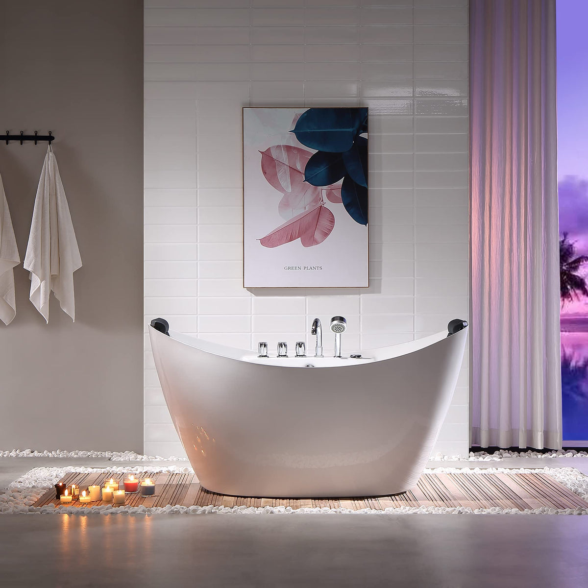 Empava 68 in. Acrylic Freestanding Tub Hydromassage Gracefully Oval Shaped Whirlpool 8 Water Jets Soaking SPA, Double-Ended Massage Bathtub with 2 Black Pillows , White
