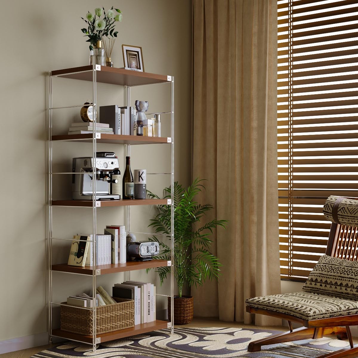 Achene 5-Tier Industrial Bookshelf, Storage Bookcase for Living Room, Bedroom, Home Office, Study Room, and Kitchen, 15.75"x27.56"x66.93" Inches (Walnut, 5T28IN)
