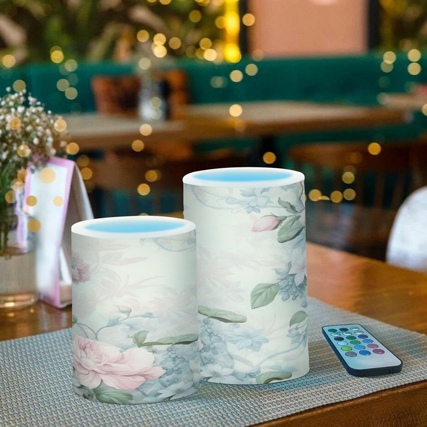 ALAZA Pink Flowers Flora Flickering Flameless Candles Battery Operated with Remote Timer,Tea Light Candles LED Pillar Votive Candles Set of 2 for Outdoor Indoor Decorations