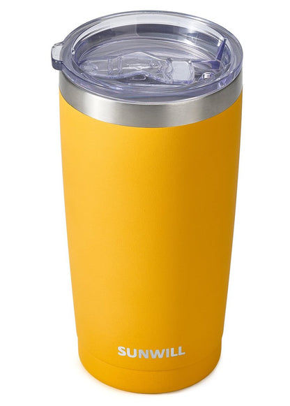 SUNWILL Travel Coffee Tumbler 20 oz, Insulated Mug with Lid, Stainless Steel Cup for Hot and Cold Drinks, Powder Coated Yellow