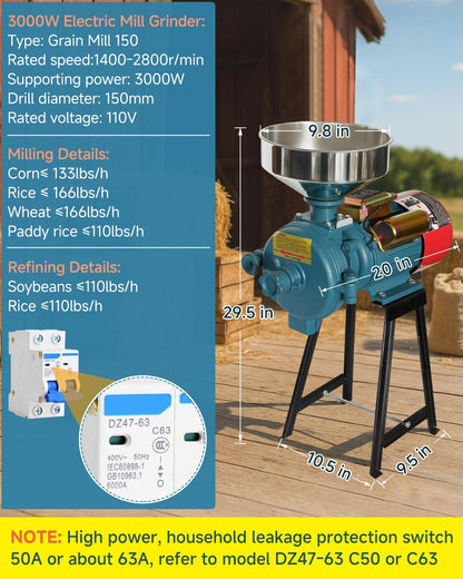 NAIZEA Electric Grain Mill Grinder Corn Grinder, 3000W 110V Commercial Flour Mill Machine with Funnel, Feed Grinders for Corn, Wheat, Rice, Cereals,Molino de Maiz Electrico (Dry Grinders)
