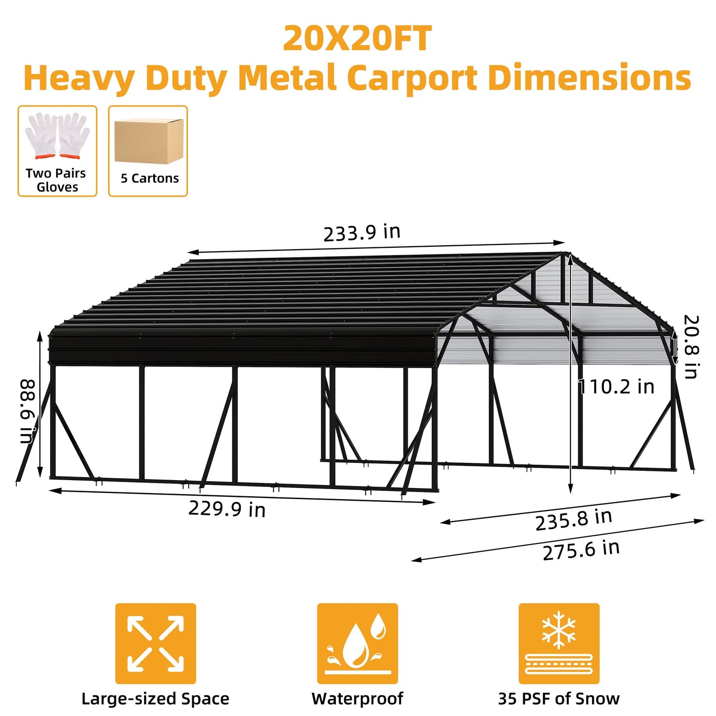 20 x 20 FT Metal Carport with Galvanized Steel Roof, Heavy Duty Metal Roof Carport with Enhanced Base, Tall MetalCarport Kits Garage for Tractors, Trucks, Boats, Cars
