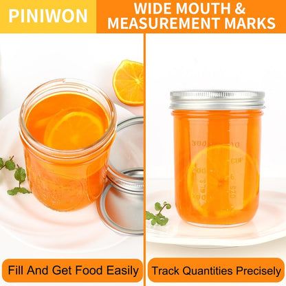PINIWON Wide Mouth Mason Jars 16 oz with Airtight Lids and Bands, 6 Pack Canning Jars, Clear Glass Pint Jars for Canning, Fermenting, Pickling, Meal Prep, Overnight Oats