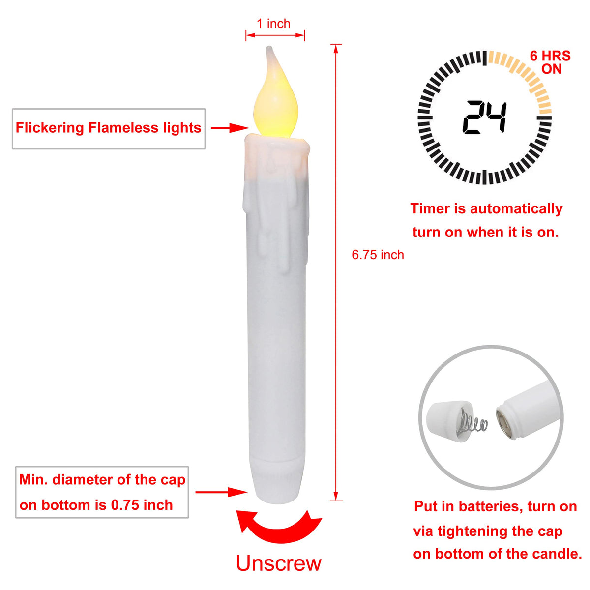 CVHOMEDECO. Flickering Taper Candles LED Drip Flameless Candles, Battery Operated with Timer, White, 6-3/4 Inch, Set of 2