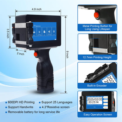 PEKOKO LB100S Intelligent Portable Hand Jet Handheld TIJ Thermal Inkjet Printer 12.7mm Online QR Bar Batch Date Number Coding Machine for Carton Box,Food Package,Drink Bottle
