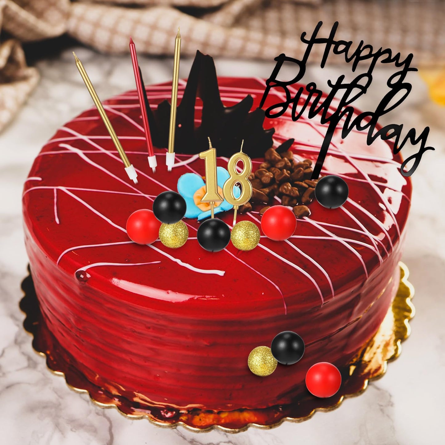 Yerliker 34 Pcs Happy Birthday Cake Toppers Decorations Birthday Candles DIY Cake Decor for Men Women Wedding Anniversary(Black Red Gold)