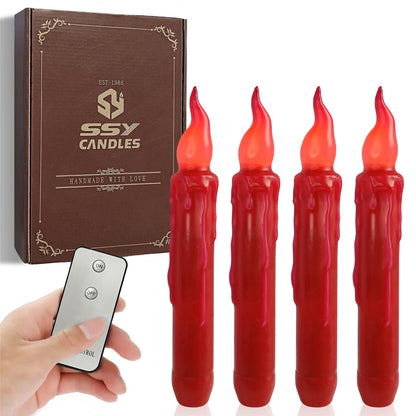 Gedengni Red Candlesticks Flameless Taper Candle, 4pcs Short LED Tapered Candles Remote Dipped Candle 6inch Battery Chandelier for Enchanting Christmas Harry Potter Inspired Vigils,R