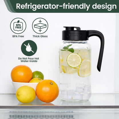 Spreccio Mason Jar Pitcher - Airtight & Leakproof Glass Pitcher with Lid[set of 2], Perfect for Breastmilk, Cold Brew, and Sun Tea, 2 Quart (64 oz) Mason Jar with Pour Spout Lid