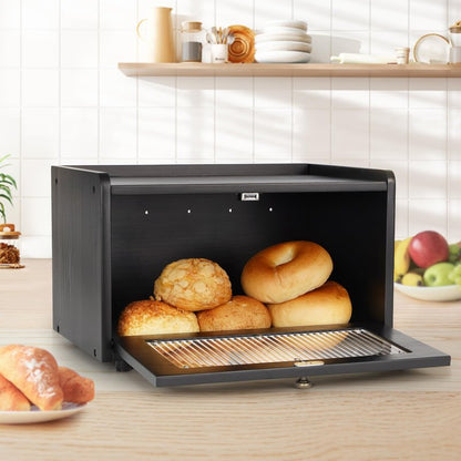 Sunhoo Bread Box for Kitchen Countertop Storage Wooden Breadbox Holder Container Morden Rustic Fresh Bread Keeper Farmhouse Stackable Organizer Bin for Homemade Food Shelf Acrylic Window (Black)