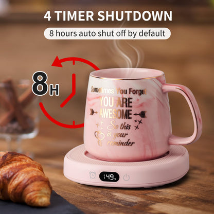 Coffee Mug Warmer & You are Awesome Mug Set, Electric Cup Warmer for Desk Office Home, Beverage Warmer with 3 Temperature Setting, 8-Hours Auto Shut Off, Best Birthday Present Ideas for Women