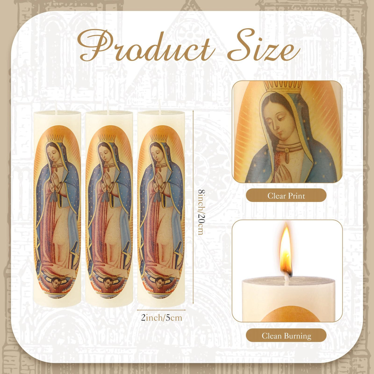 Conelist 3 Pcs Virgen De Guadalupe Candle Virgin Mary Candles Catholic Candle Religious Prayer Candles Decoration Burning Clean Unscented Religious Decoration Gift Idea for Mother's Day Birthday