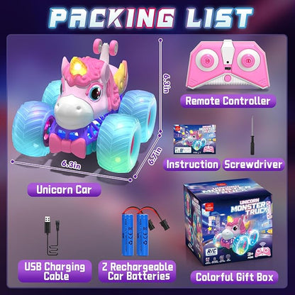 Lehoo Castle Remote Control Car for Girls 360° Rotating Unicorn Monster Truck with Light &amp Music 4WD All Terrain RC Stunt Car Rechargeable 2.4GHz RC Truck for 3 4 5 6 7 8 Girls Birthday Gift