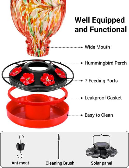 HouseSapp Solar Hummingbird Feeder - 49 Fl. Oz Color Changing Hand Blown Glass - 7 Feeding Ports & Perch