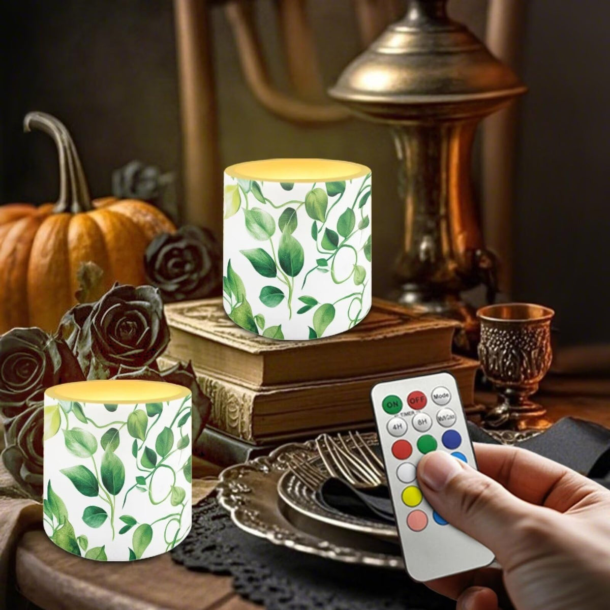 Cozeyat Green Leaves Realistic Dancing Flame Candles 4 Pack Battery Operated Flameless LED with Remote Control Timer Waterproof for Indoor Outdoor Decoration