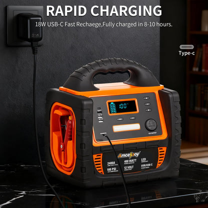 Amcelooy 2400A Car Battery Jump Starter and Portable Power Station – Starts 8.0L Gas & 8.0L Diesel – 6-in-1 Jump Starter with Air Compressor 100 PSI Tire Inflator – 400 Watt Inverter AC/DC/USB Outlets