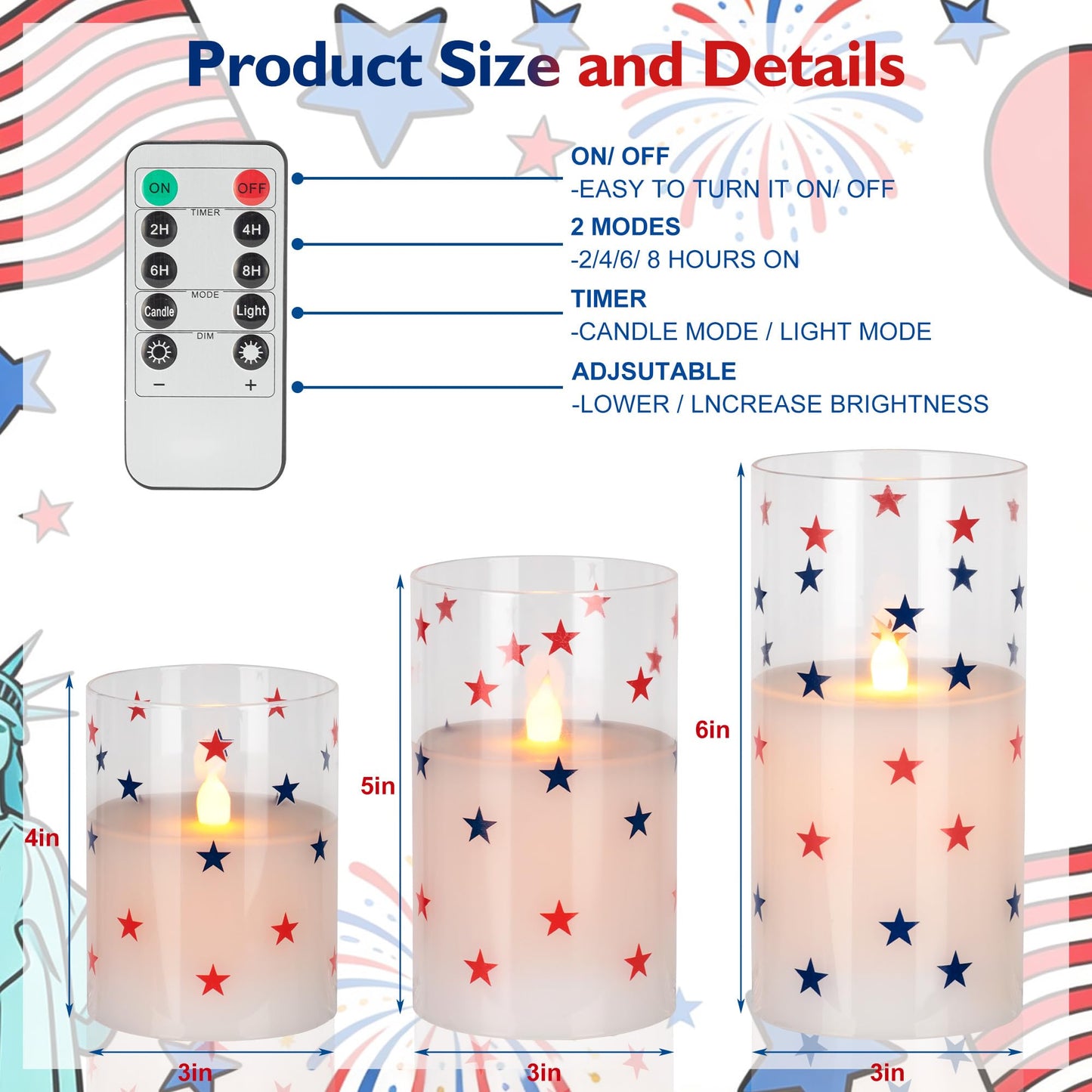 4th of July Candles, Glass Flameless Pillar Candles with Remote and Timer, Red White Blue Star Patriotic LED Candles, 250th Anniversary Battery Operated Independence Day Indoor Decor Set of 3