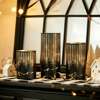 Ashroder Starry Night Elegant Hurricane Candleholders with LED Flickering Lights & Remote Timer, Decorative Glass Hurricanes for Indoor Table Centerpieces & Year-Round Home Decor, Set of 3 (Black)