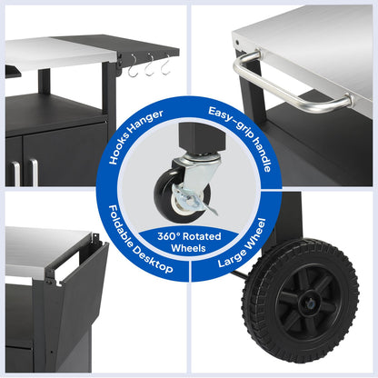 ROVSUN Gourmet Grill Cart with Storage, Movable Grill Table with Wheels, Hooks and Spice Rack, Stainless Steel Top & Storage Cabinet, Pizza Oven Cart for Camping, Tailgating, and Outdoor Cooking