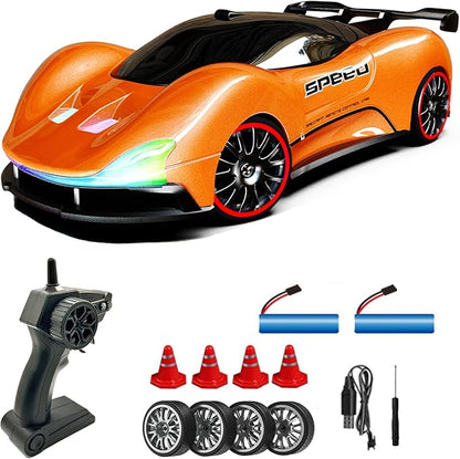 1:20 Scale Remote Control Drift Car 4WD 2.4GHz Racing Sport Toy RC Car with LED Lights Racing and Drift Wheels (Orange)