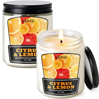AOOVOO Citrus Lemon 2 Pack Odor Eliminating Candle - Up to 100 Hours Burn time, Eliminates 95% of Pet, Smoke, Food, and Other Smells Quickly, 18 oz Non Toxic Highly Fragranced Air Freshing Soy Candle