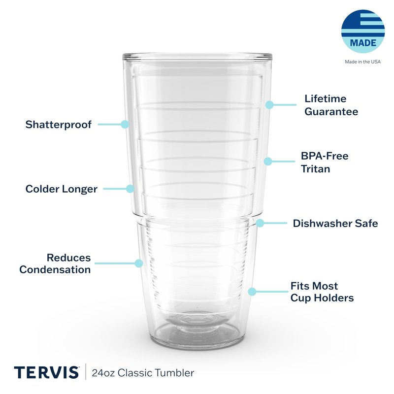 Tervis Clear & Colorful Tabletop Made in USA Double Walled Insulated Tumbler Travel Cup Keeps Drinks Cold & Hot, 24oz - 2pk, Clear
