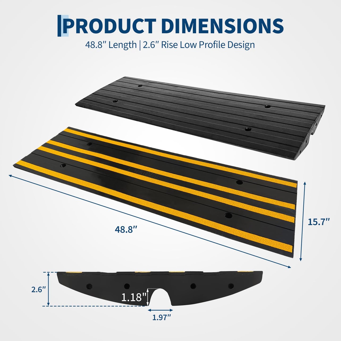 48" Car Driveway Rubber Curb Ramp 3 Pack, 33000 LBS Heavy Duty Low Profile Slope Ramps with Reflective Safety Strips for Vehicles, RVs, and Wheelchairs