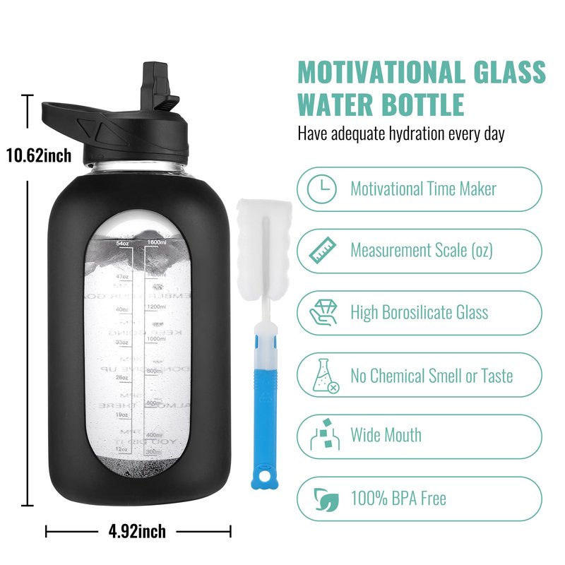 CIVAGO 64 oz Glass Water Bottle Jug with Straw and Handle, Half Gallon Sports Motivational Water Bottle with Time Marker, Wide Mouth Water Flask Canteen with Silicone Sleeve for Gym,Camelia