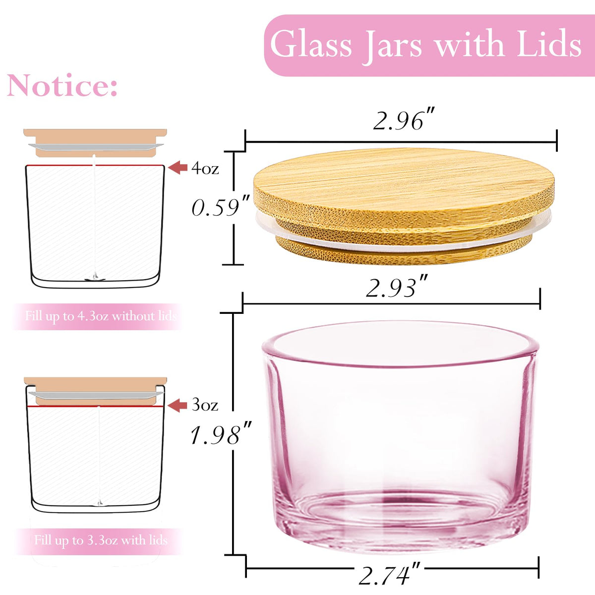 CONNOO 15 Pack 4 OZ Pink Glass Candle Jars with Airtight Bamboo Lids for Making Candles, Bulk Small Wide Mouth Empty Candle Containers with Sticky Warning Labels - Dishwasher Safe