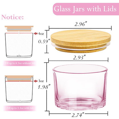 CONNOO 15 Pack 4 OZ Pink Glass Candle Jars with Airtight Bamboo Lids for Making Candles, Bulk Small Wide Mouth Empty Candle Containers with Sticky Warning Labels - Dishwasher Safe