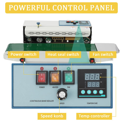 MilleLoom Continuous Band Sealer Machine - FR-900K Horizontal Automatic 110V with Digital Temperature Control for 0.02-0.08 mm Commercial PP/Aluminum Foil/PVC Plastic Bags