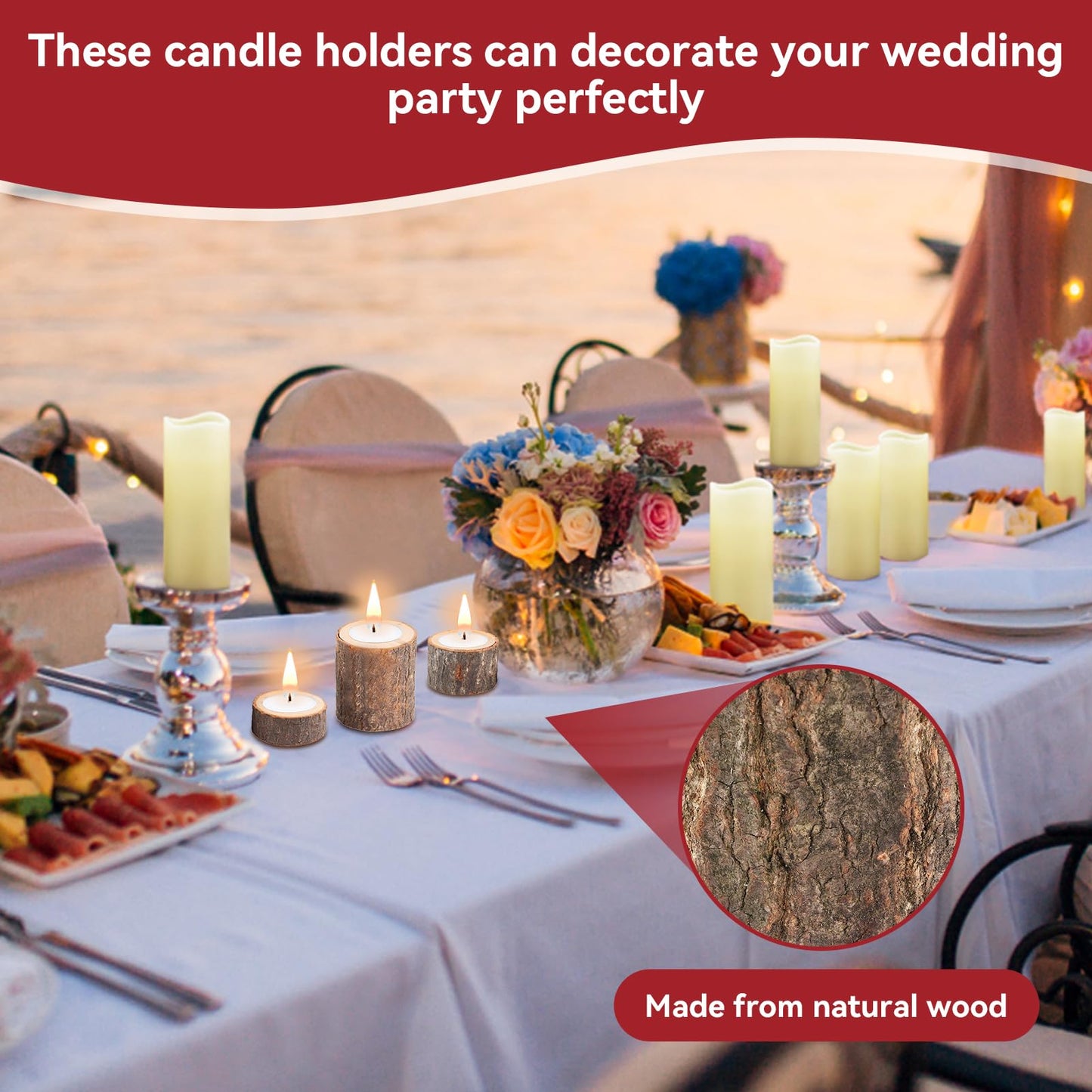 3PCS Wooden Tealight Candle Holder, Birch Logs Candle Holder Stand Wood Votive Tealight Holder Candlestick Centerpiece for Rustic Wedding Party Birthday Holiday Decor