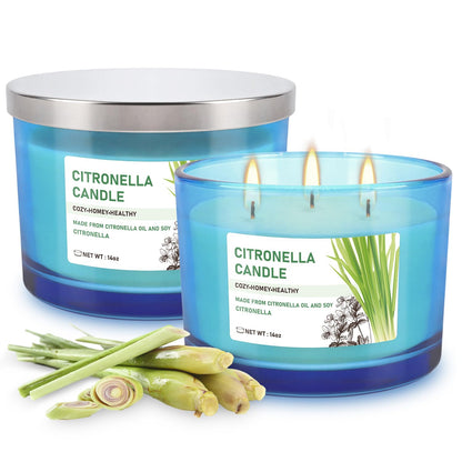 2x14oz Large 3-Wick Outdoor Indoor Citronella Candles, Long Lasting to 30 Hours, Scented Natural Soy Candle for Garden Camping Party Yard Balcony