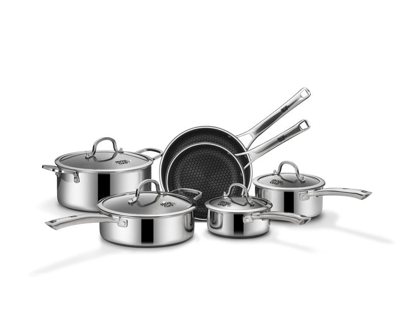 SNOWCLAD Pots and Pans Set Non Stick, 10 Pcs Hybrid Stainless Steel Cookware Sets, Non Stick Frying Pans, Saucepans, Saute Pan & Stock Pot, PFOA Free Kitchen Skillet,Induction Compatible