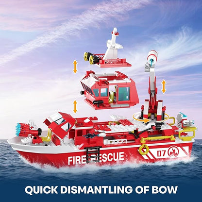 City Floating Boats Building Set Police Boat and Fire Rescue Boat Compatible with Lego Ship City STEM Building Toys Ideal Gift for Kids Boys Girls 6 7 8 9 10 11 12