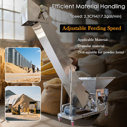 EQCOTWEA Electric Bucket Elevator Conveyor with Tilting Flip-Up Hopper Feeder 40gal Loading & Transfer Machine Stainless Steel Industrial Feeding System 220V/1PH