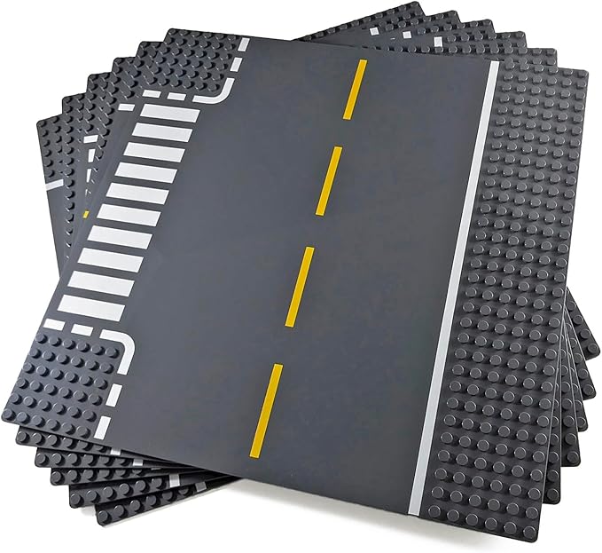 Apostrophe Games Road Baseplate – Premium Building Blocks Base Plates Compatible with All Major Brands – 6pcs Baseplate Gray with Road Design – Straight Curve Crossroad T-Junction