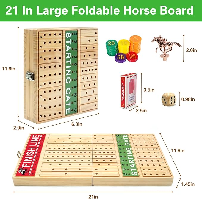 FUNNYB&ampG 21 inches Horse Race Board Game Foldable Large Horse Racing Game for Adults with 11 Metal Horses Solid Wood 60 Pcs Poker Chips 2 Dice 1 Pack of Cards for Family Tabletop Parties(Log)