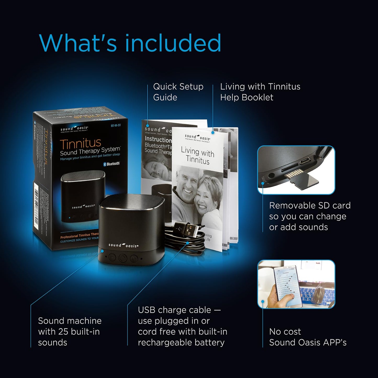 Sound Oasis® Bluetooth® Tinnitus Sound Therapy System® - Sleep Better, Manage and Mask Tinnitus, 25 Built-in Sounds for Tinnitus Relief, 12-Hour Sound Duration
