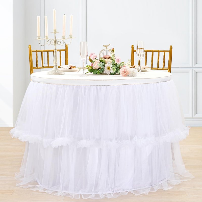 White Tulle Table Skirt for Rectangle Tables or Round Tables 6ft Wedding Tablecloth Fluffy Tutu Table Skirt for Birthday Party Dessert Cake Table Decorations 2 Layer Tulle