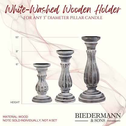 Biedermann & Sons Washed Wooden Pillar Candle Holder, White, 8 Inch Tall, Fits Up to 3 Inch Pillar Candles, Farmhouse Candle Pedestal for Table Decor and Shelves