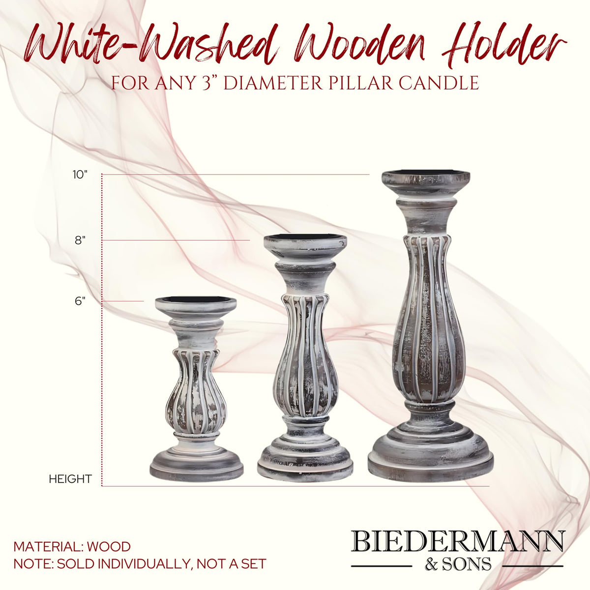 Biedermann & Sons Washed Wooden Pillar Candle Holder, White, 6 Inch Tall, Fits Up to 3 Inch Pillar Candles, Decorative Candle Stand for Mantels, Tables and Shelves