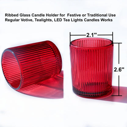 VOHO Red Candle Holders Set of 12, Ribbed Glass Votive Candle Holders Bulk for Holiday/Party Decorations, Tea Lights Candle Holder Wedding Centerpieces for Tables