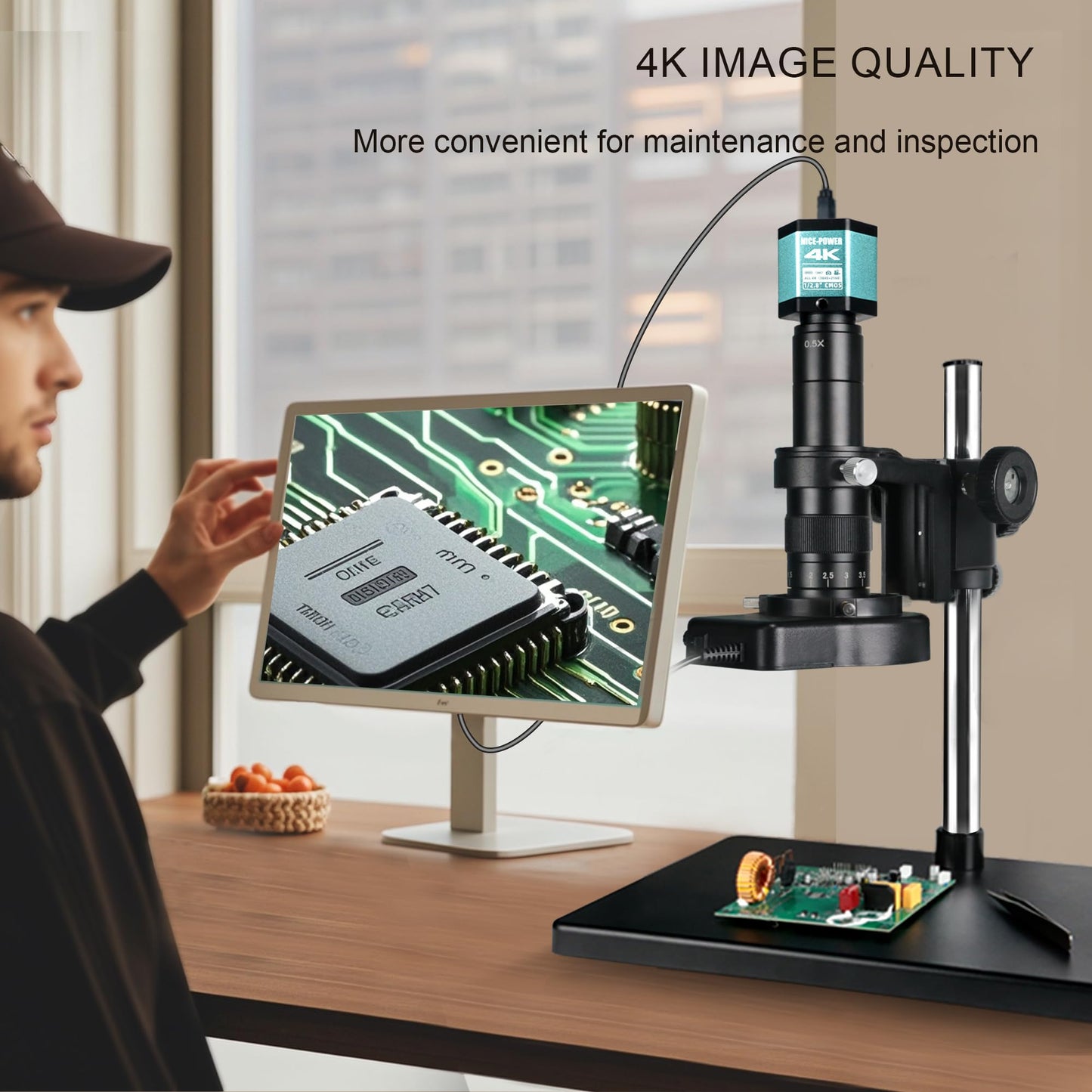 NICE-POWER Digital Microscope with Large Stable Base Stand, 4K HD Quality Industrial Microscope Type-C/HDMI Interface with 180X HD Lens Adjustable Ring Light Illumination for Electronic Repair etc