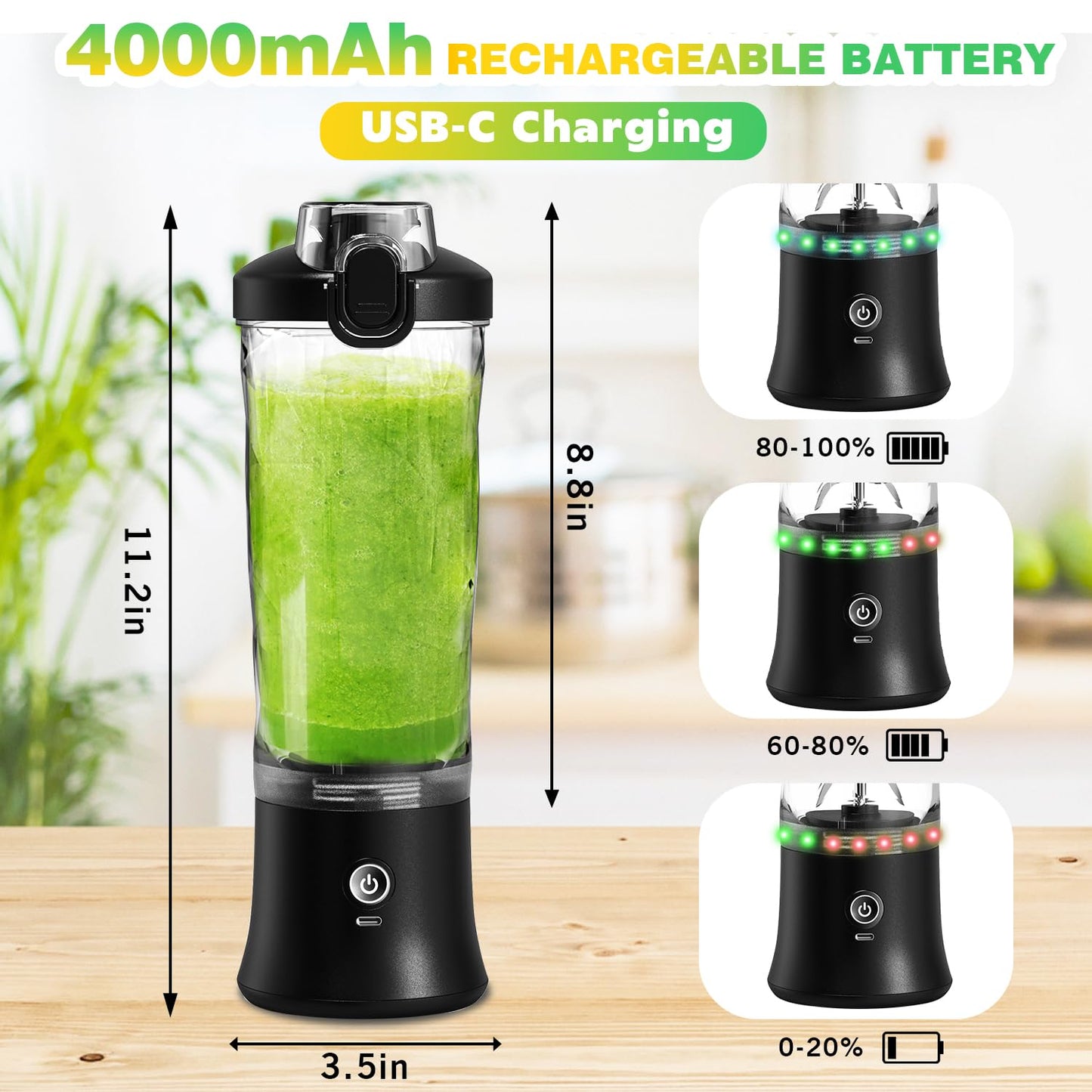 Portable Blender Personal Juicer for Shakes and Smoothies - 20 OZ Electric Protein Shaker Bottle with Insulated Sleeve, Travel Lid, USB-C Rechargeable - Mini Small Blender Cup for Kitchen, Office, Gym