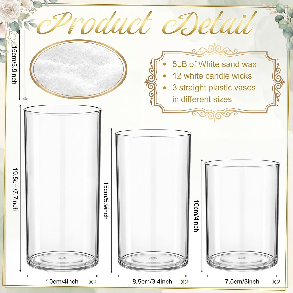 Gerrii 5lb Wedding Pearled Candles Sand and Wicks 6 Cylinder Glass Vase Weddings Centerpiece Refillable DIY Sands Candle Wedding Sand Ceremony Kit Gift for Bridal Shower Home Decor Holiday Party Gift