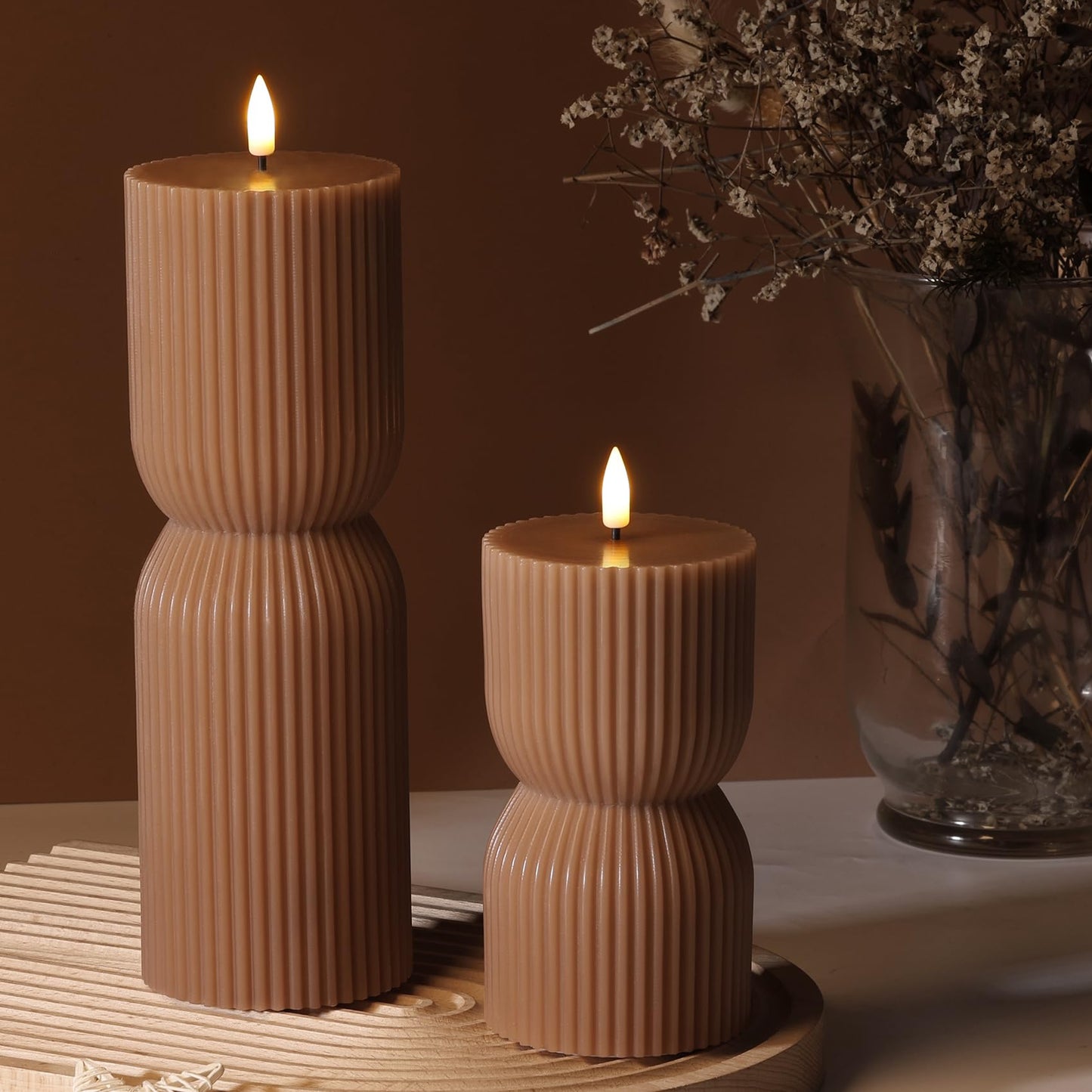 Girimax Warm Brown Ribbed Flameless Pillar Candles with Remote, Real Wax Flickering Battery LED Candles Christmas Decor Gift Set of 2