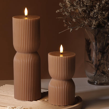 Girimax Warm Brown Ribbed Flameless Pillar Candles with Remote, Real Wax Flickering Battery LED Candles Christmas Decor Gift Set of 2