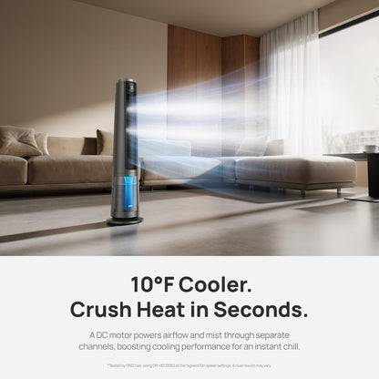 DREO TurboCool Misting Fan 765S, Fans that Blow Cold Air, 10°F Cooling, 34ft/s Fast Evaporative Air Cooler, 6L Tank, 20 dB Quiet DC Motor, 90° Tower Fan with 12 Speeds, 4 Modes for Home, Grey