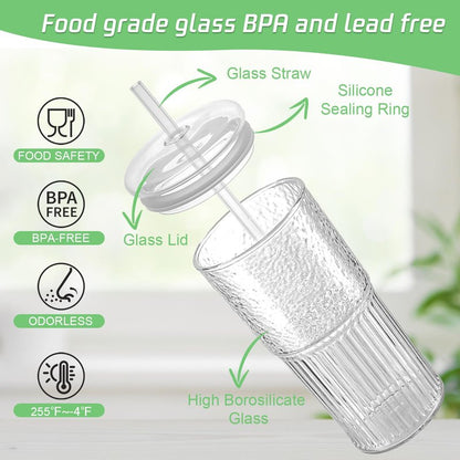 Luiaiog Glass Cups with Lids and Glass Straws, High Borosilicate 20OZ Tumblers (4Pcs) for Coffee, Tea, Juice, Smoothies, Hot/Cold Drinks at Home, Office